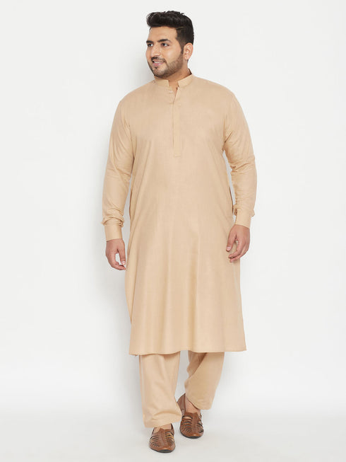 Vastramay Men's Plus Size Light Brown Cotton Blend Pathani Set