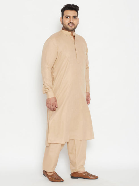 Vastramay Men's Plus Size Light Brown Cotton Blend Pathani Set