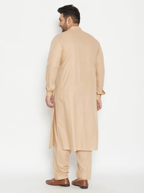 Vastramay Men's Plus Size Light Brown Cotton Blend Pathani Set