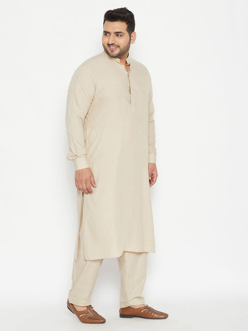 Vastramay Men's Plus Size Green Cotton Blend Pathani Set