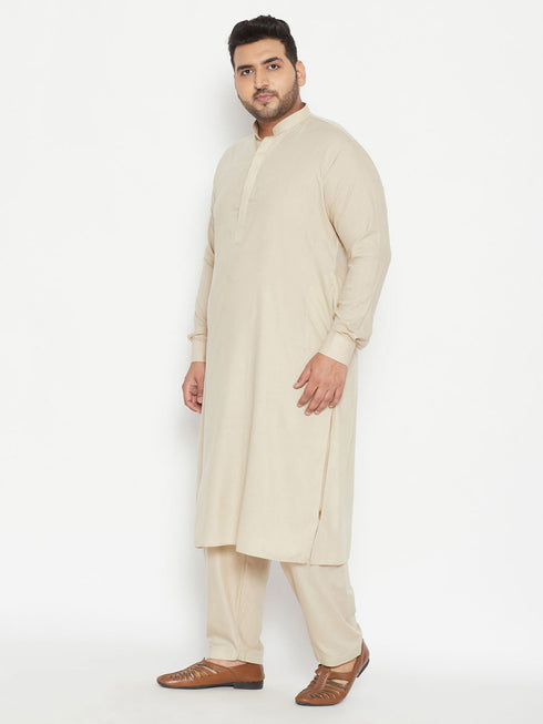 Vastramay Men's Plus Size Green Cotton Blend Pathani Set