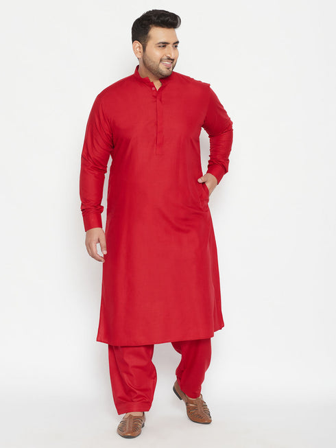 Vastramay Men's Plus Size Maroon Cotton Blend Pathani Set