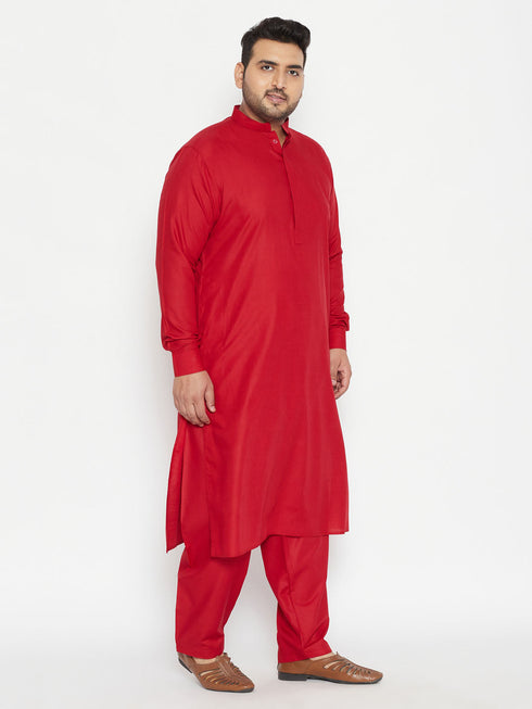 Vastramay Men's Plus Size Maroon Cotton Blend Pathani Set