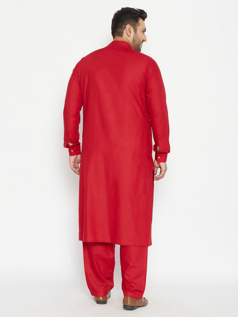 Vastramay Men's Plus Size Maroon Cotton Blend Pathani Set