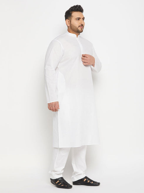 Vastramay Men's Plus Size White Cotton Kurta And Cotton Pant Style Pyjama Set