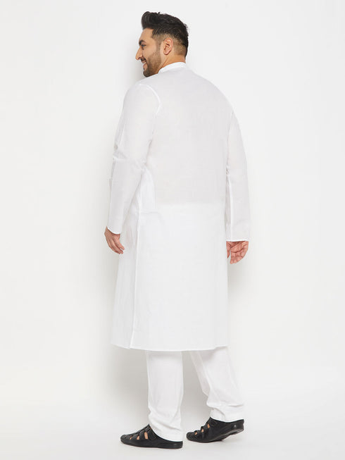 Vastramay Men's Plus Size White Cotton Kurta And Cotton Pant Style Pyjama Set