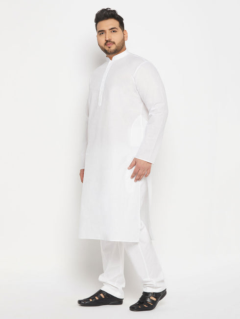 Vastramay Men's Plus Size White Cotton Kurta And Cotton Pant Style Pyjama Set