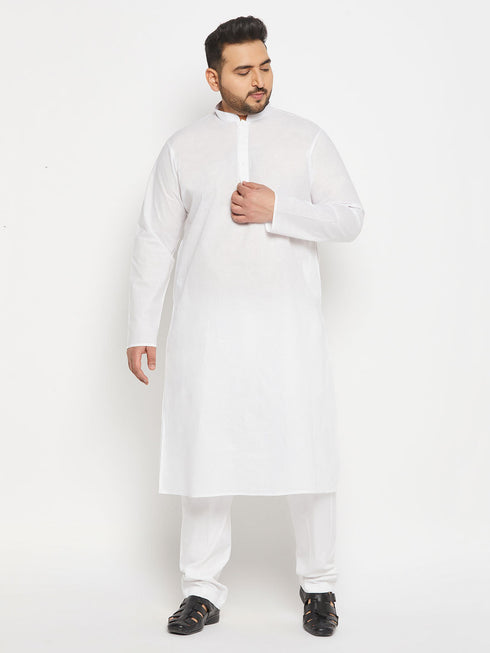 Vastramay Men's Plus Size White Cotton Kurta And Cotton Pant Style Pyjama Set