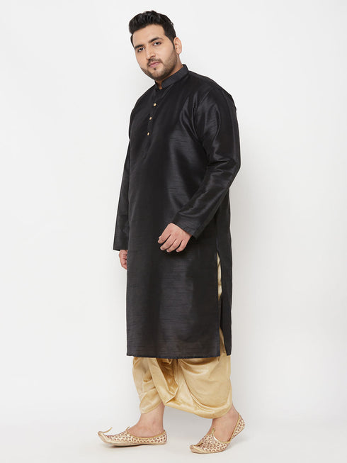 Vastramay Men's Plus Size Black Silk Blend Kurta And Gold Dhoti Set