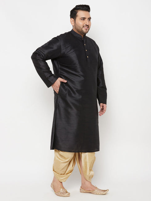 Vastramay Men's Plus Size Black Silk Blend Kurta And Gold Dhoti Set