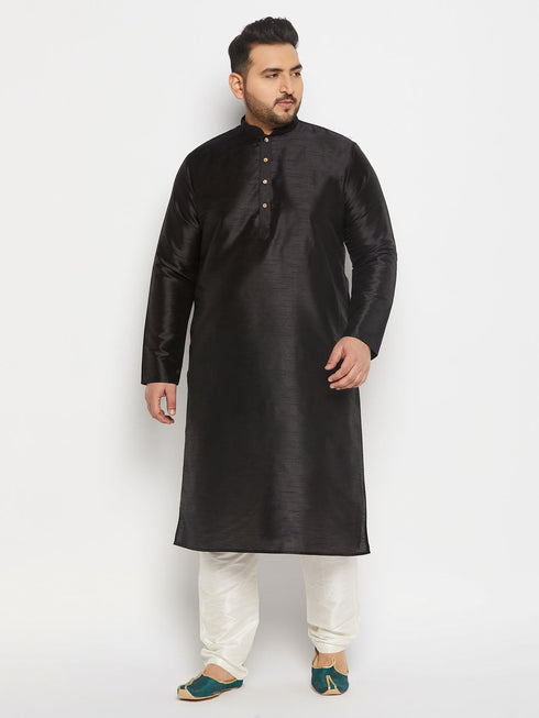 Vastramay Men's Plus Size Black Silk Blend Kurta and Cream Pant Style Pyjama Set