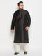 Vastramay Men's Plus Size Black Silk Blend Kurta and Cream Pant Style Pyjama Set