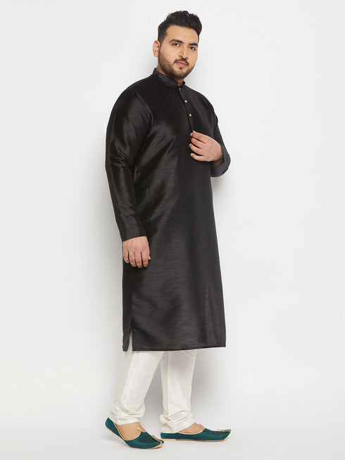 Vastramay Men's Plus Size Black Silk Blend Kurta and Cream Pant Style Pyjama Set