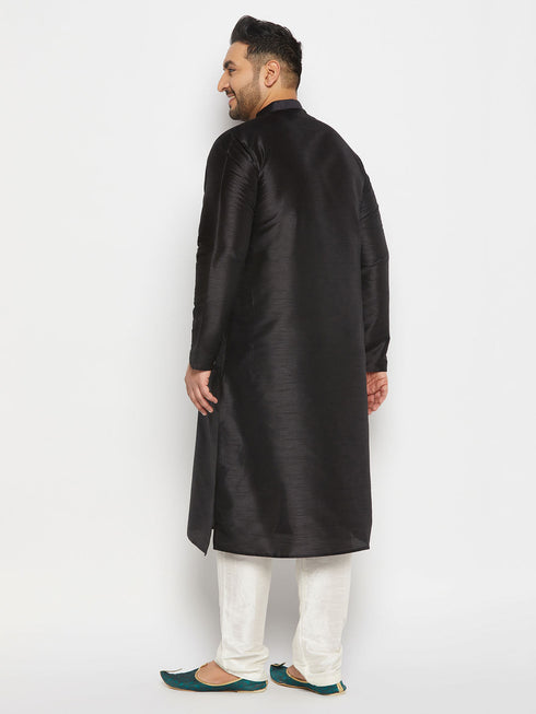 Vastramay Men's Plus Size Black Silk Blend Kurta and Cream Pant Style Pyjama Set