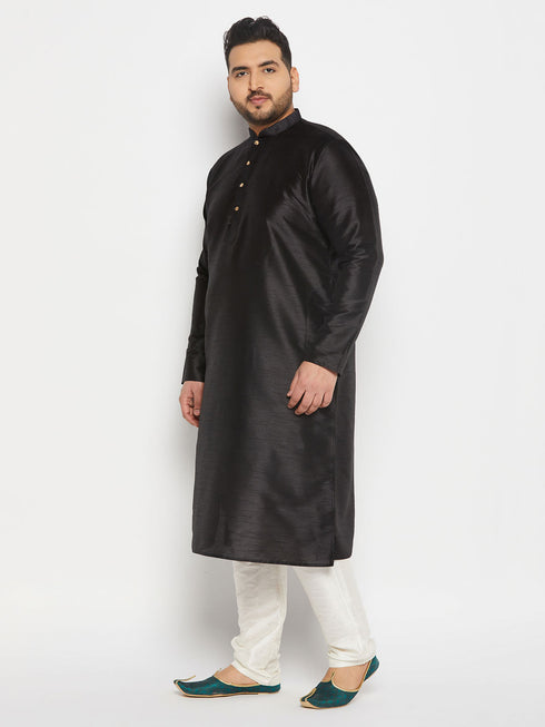 Vastramay Men's Plus Size Black Silk Blend Kurta and Cream Pant Style Pyjama Set