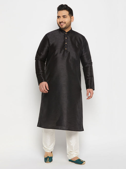 Vastramay Men's Plus Size Black Silk Blend Kurta and Cream Pant Style Pyjama Set