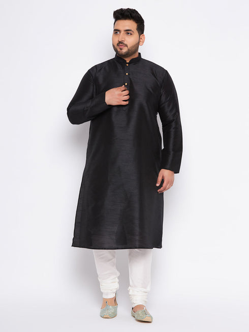 Vastramay Men's Plus Size Black Cotton Silk Blend Kurta and Cream Pyjama Set