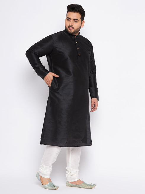 Vastramay Men's Plus Size Black Cotton Silk Blend Kurta and Cream Pyjama Set