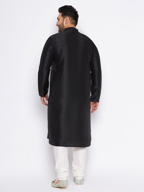 Vastramay Men's Plus Size Black Cotton Silk Blend Kurta and Cream Pyjama Set