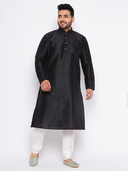 Vastramay Men's Plus Size Black Cotton Silk Blend Kurta and Cream Pyjama Set