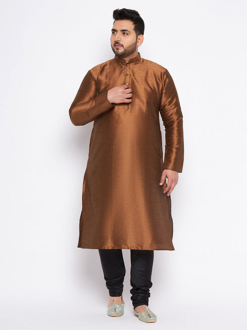 Vastramay Men's Plus Size Coffee Brown Silk Blend Kurta And Black Pyjama Set