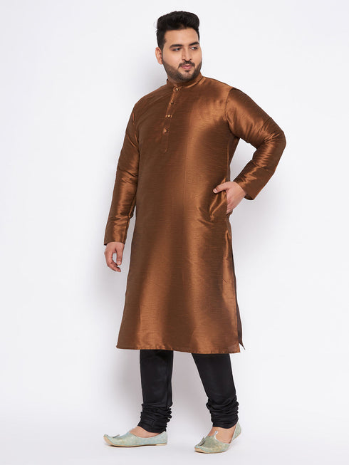 Vastramay Men's Plus Size Coffee Brown Silk Blend Kurta And Black Pyjama Set