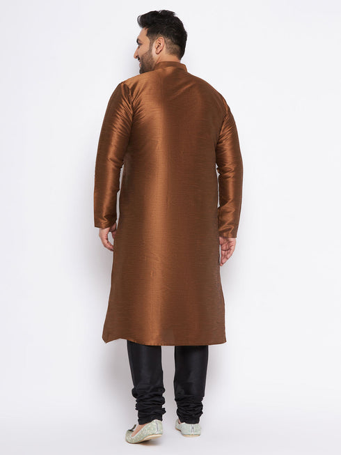 Vastramay Men's Plus Size Coffee Brown Silk Blend Kurta And Black Pyjama Set
