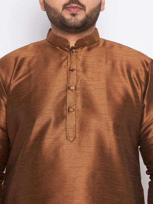 Vastramay Men's Plus Size Coffee Brown Silk Blend Kurta And Black Pyjama Set