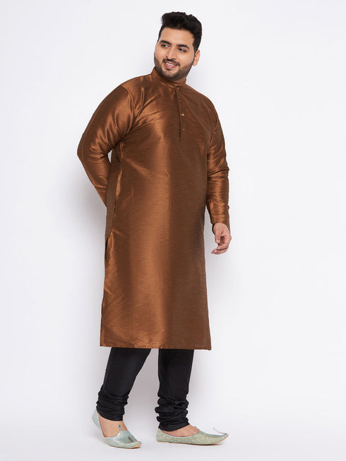 Vastramay Men's Plus Size Coffee Brown Silk Blend Kurta And Black Pyjama Set