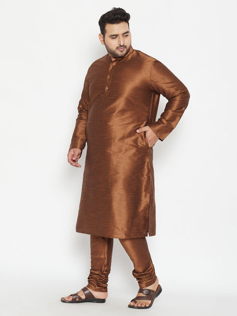 Vastramay Men's Plus Size Coffee Brown Silk Blend Kurta Pyjama Set