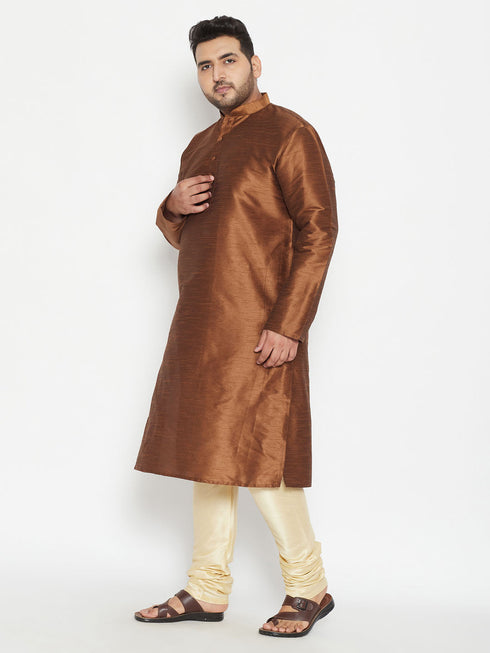Vastramay Men's Plus Size Coffee Brown And Gold Silk Blend Kurta Pyjama Set