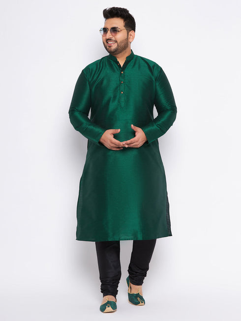 Vastramay Men's Plus Size Green Silk Blend Kurta And Black Pyjama Set