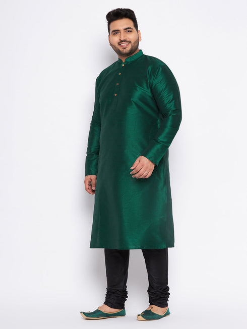 Vastramay Men's Plus Size Green Silk Blend Kurta And Black Pyjama Set