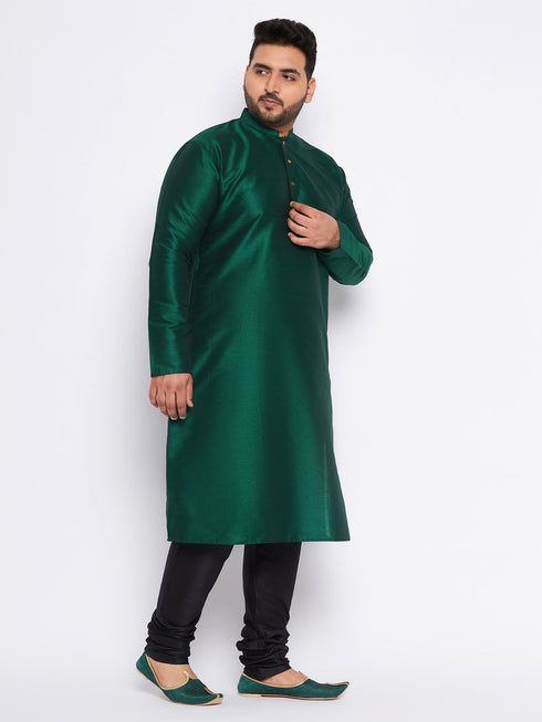 Vastramay Men's Plus Size Green Silk Blend Kurta And Black Pyjama Set