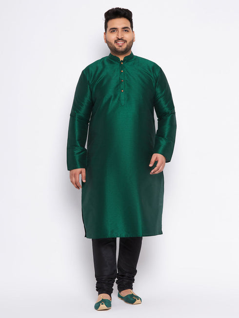Vastramay Men's Plus Size Green Silk Blend Kurta And Black Pyjama Set