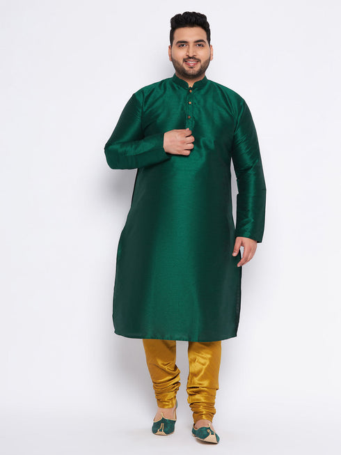 Vastramay Men's Plus Size Green Silk Blend Kurta And Mustard Pyjama Set