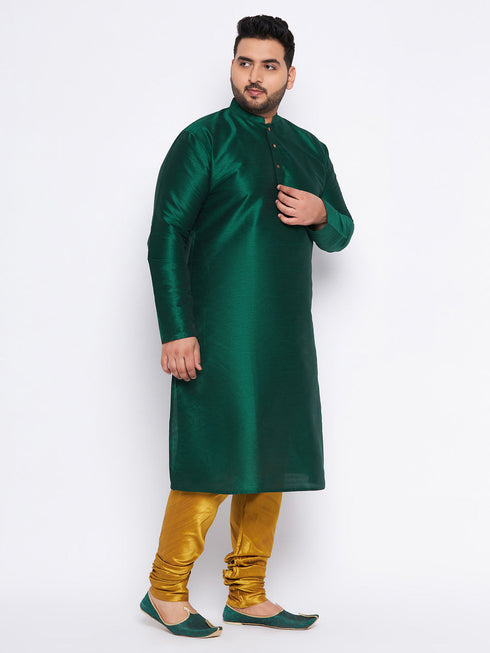 Vastramay Men's Plus Size Green Silk Blend Kurta And Mustard Pyjama Set