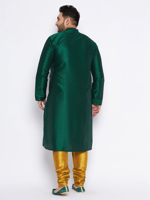 Vastramay Men's Plus Size Green Silk Blend Kurta And Mustard Pyjama Set