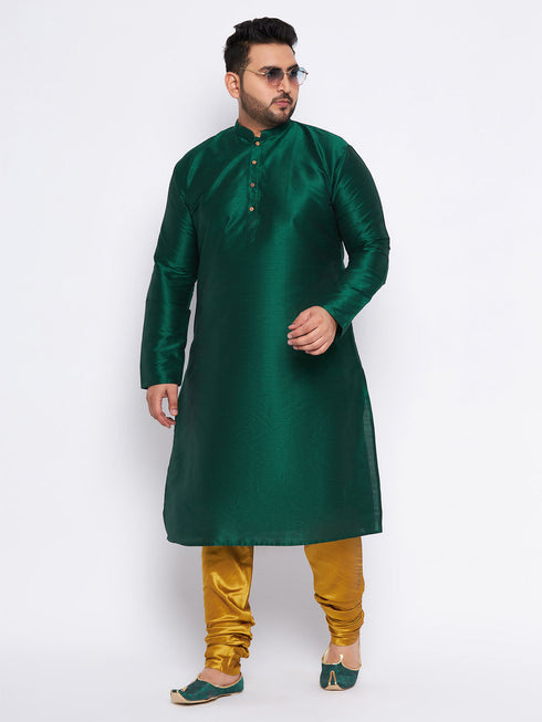 Vastramay Men's Plus Size Green Silk Blend Kurta And Mustard Pyjama Set