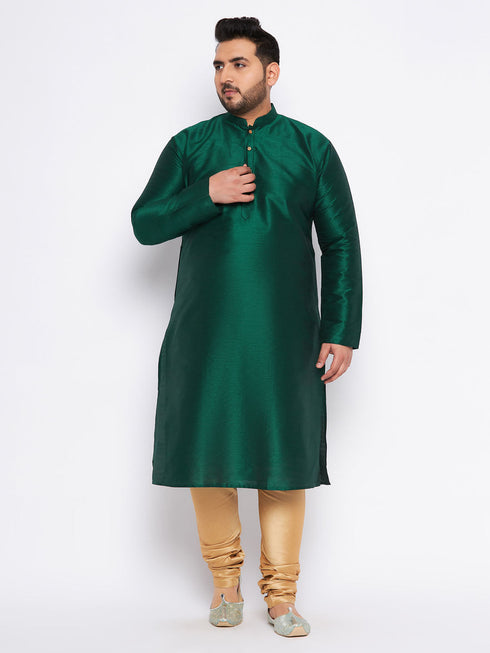 Vastramay Men's Plus Size Green Silk Blend Kurta And Rose Gold Pyjama Set