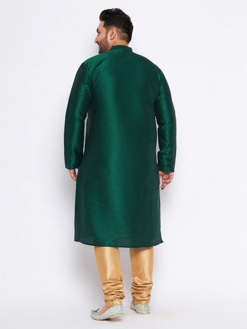 Vastramay Men's Plus Size Green Silk Blend Kurta And Rose Gold Pyjama Set