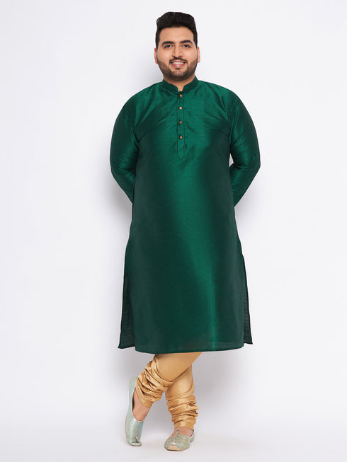 Vastramay Men's Plus Size Green Silk Blend Kurta And Rose Gold Pyjama Set