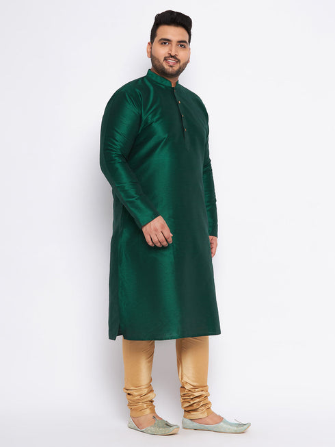 Vastramay Men's Plus Size Green Silk Blend Kurta And Rose Gold Pyjama Set
