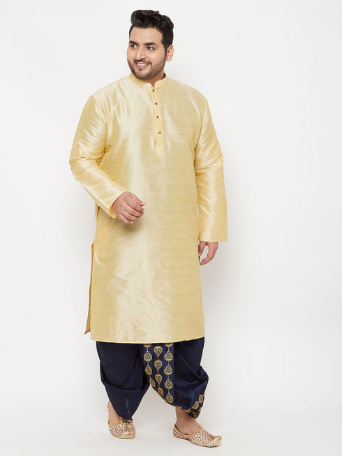 Vastramay Men's Plus Size Gold Silk Blend Kurta And Navy Blue Dhoti Set