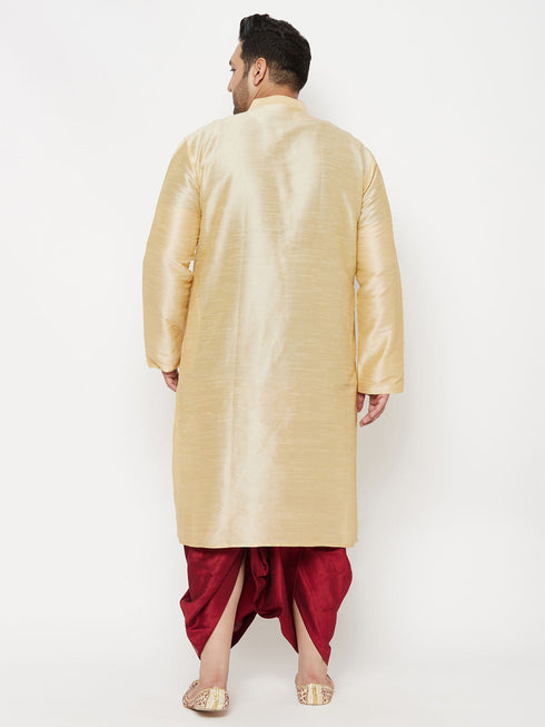 Vastramay Men's Plus Size Gold Silk Blend Kurta And Maroon Dhoti Set