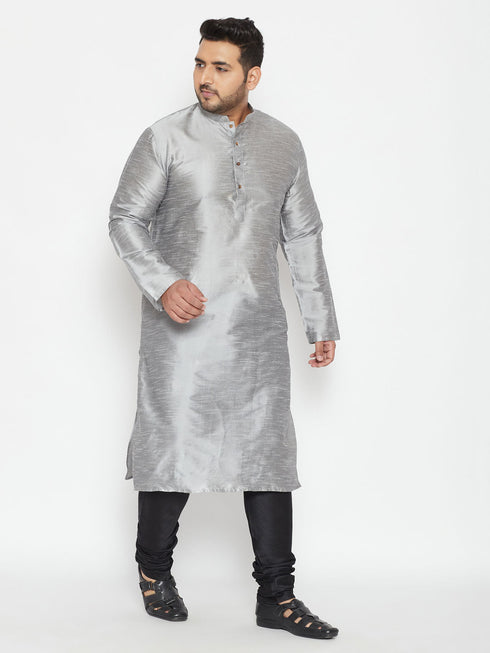Vastramay Men's Plus Size Grey And Black Silk Blend Kurta Pyjama Set