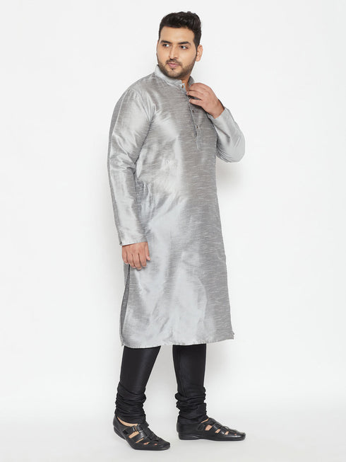 Vastramay Men's Plus Size Grey And Black Silk Blend Kurta Pyjama Set