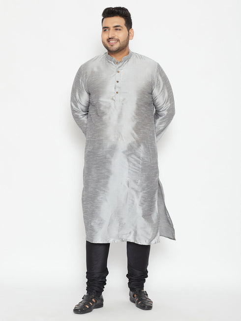 Vastramay Men's Plus Size Grey And Black Silk Blend Kurta Pyjama Set