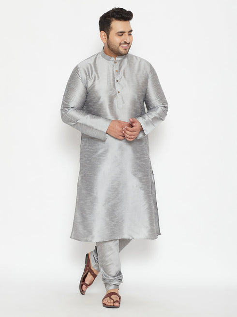 Vastramay Men's Plus Size Grey Silk Blend Kurta Pyjama Set