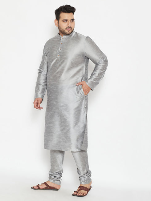 Vastramay Men's Plus Size Grey Silk Blend Kurta Pyjama Set